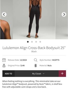 lululemon Align Cross-Back Bodysuit 25” size 14- Black